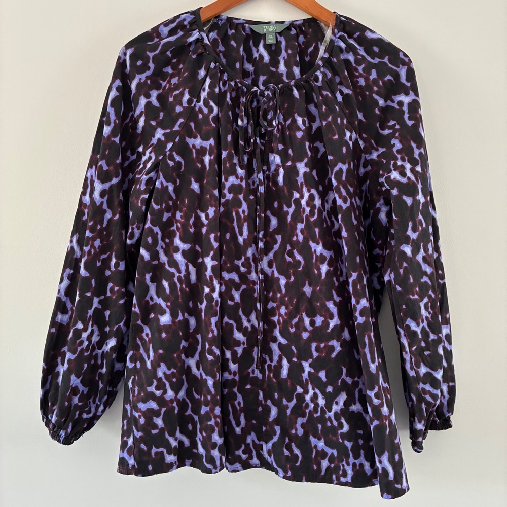 Terra & Sky Blouse 0X Purple Abstract Animal Print Peasant Boho Cotton Eclectic